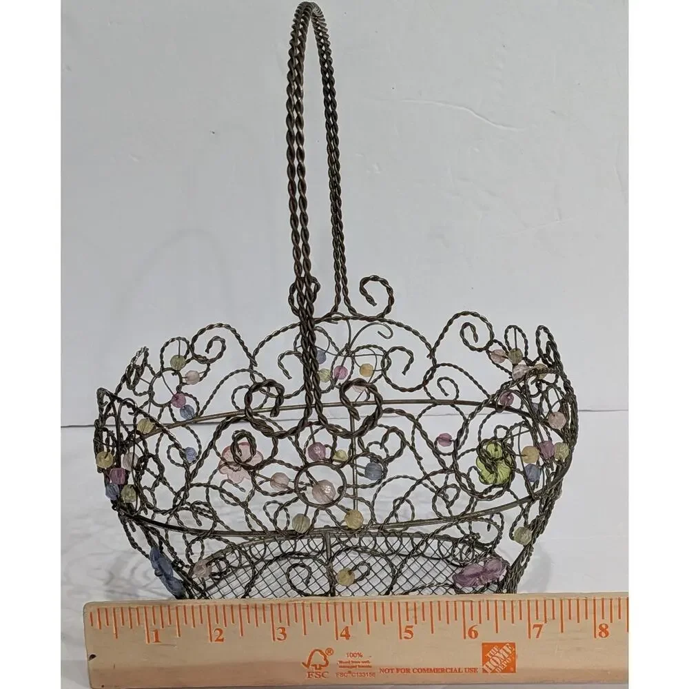 Vintage Style Twisted Wire Easter Basket Beaded Acrylic Floral Decor Shabby Chic